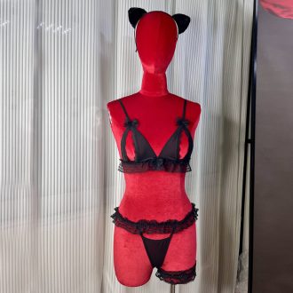 Cute Lace Bow Cat Ear Bra Set with Leg Loop