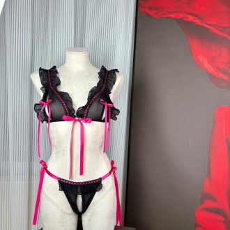 Sexy Bowknot Hollow Out Lingerie Set for Large Bust Women - Sheer Mesh Ruffled Babydoll