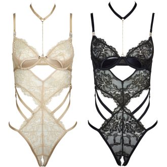 French Lace Gilded Jumpsuit Lingerie for Women - Steel Ring Gathered Perspective Hollow Out Sexy Bodysuit