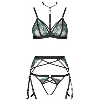 Sexy Embroidered Mesh Garter Set with Rhinestones & Open Crotch