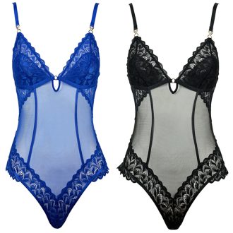 Sexy Black Lace Mesh French Cut Jumpsuit Bottoms with Open Buckle Cotton