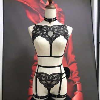 Black Embroidered Hollow-out Open Crotch Panties with Letter Circle Detail