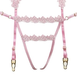 Pink Floral Lace Halter Thong Set with Adjustable Straps