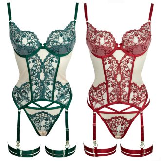 FQ2859 Mesh Embroidery Hollow Steel Ring G-String Leg Harness