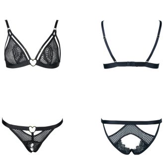 French Lace Jacquard Mesh Heart Buckle Triangle Cup Sexy Bra Bralette & Thong Set