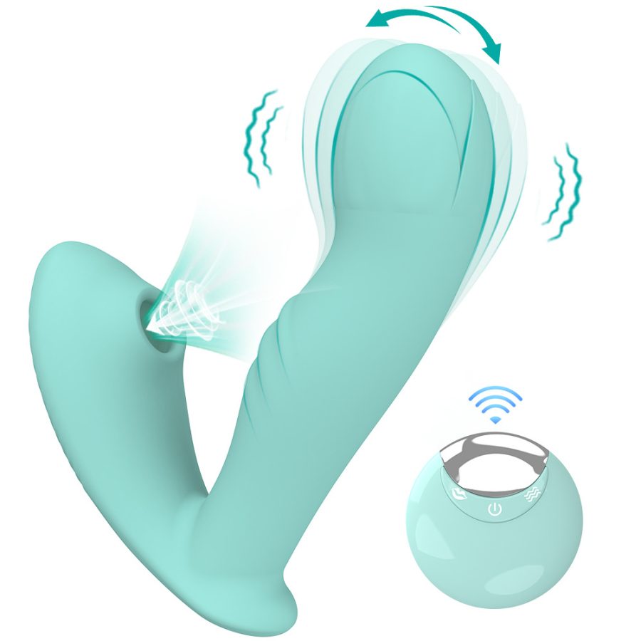 Wearable remote control sucking and vibrating masturbator