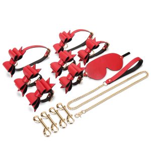 BDSM alternative fun red bow leather bondage training set (9 pieces)