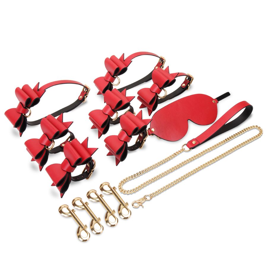 BDSM alternative fun red bow leather bondage training set (9 pieces)