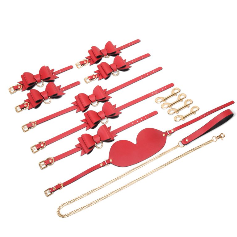 BDSM alternative fun red bow leather bondage training set (9 pieces) - Image 7