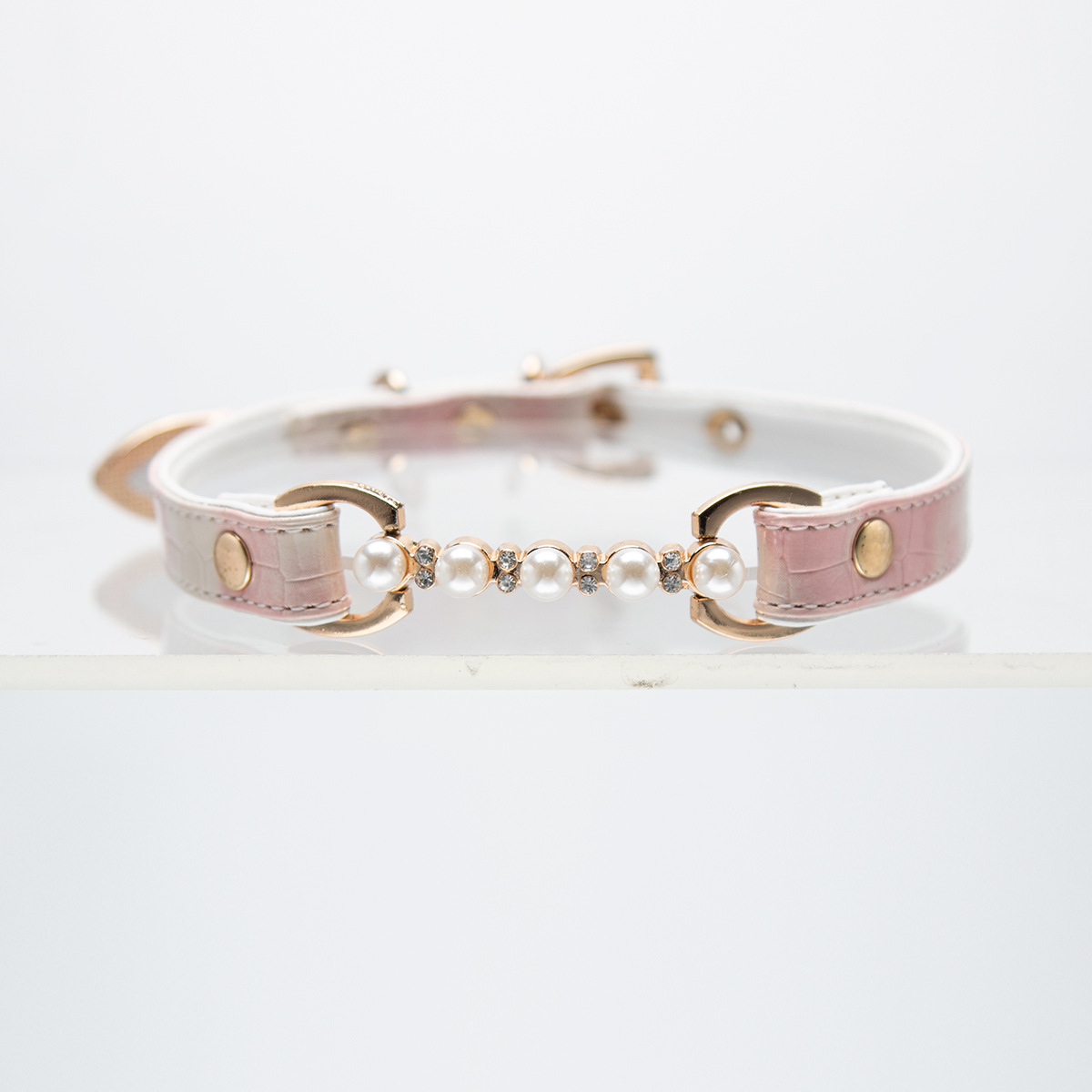 Pink Crocodile Leather Pearl Necklace with Leash - Unique Designer Pet Accessory - Image 2