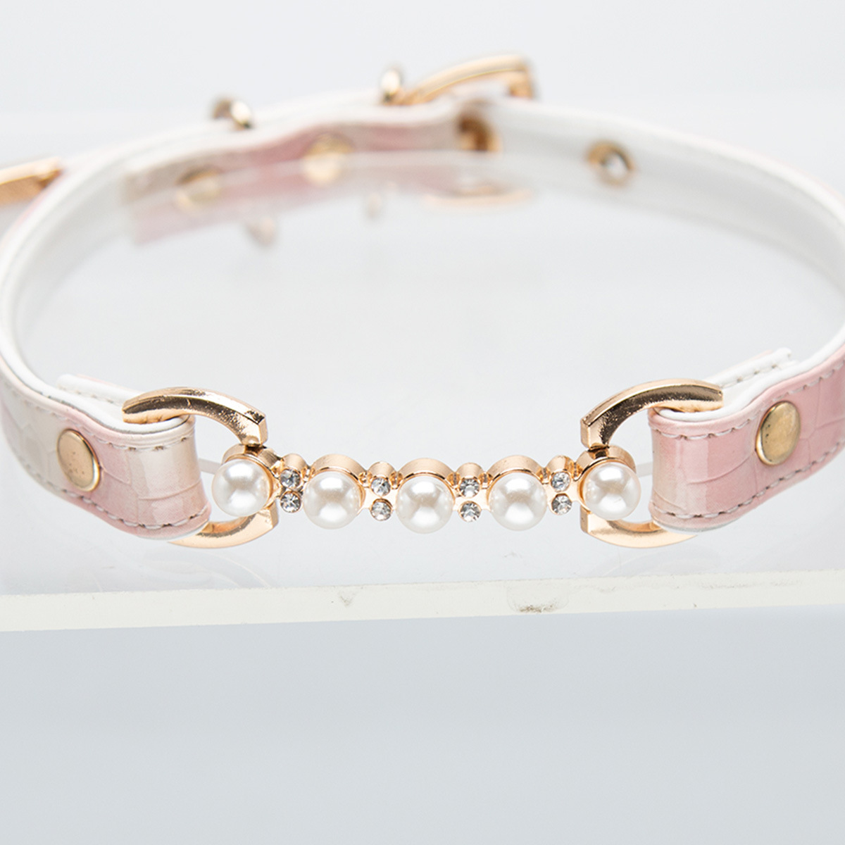 Pink Crocodile Leather Pearl Necklace with Leash - Unique Designer Pet Accessory - Image 8