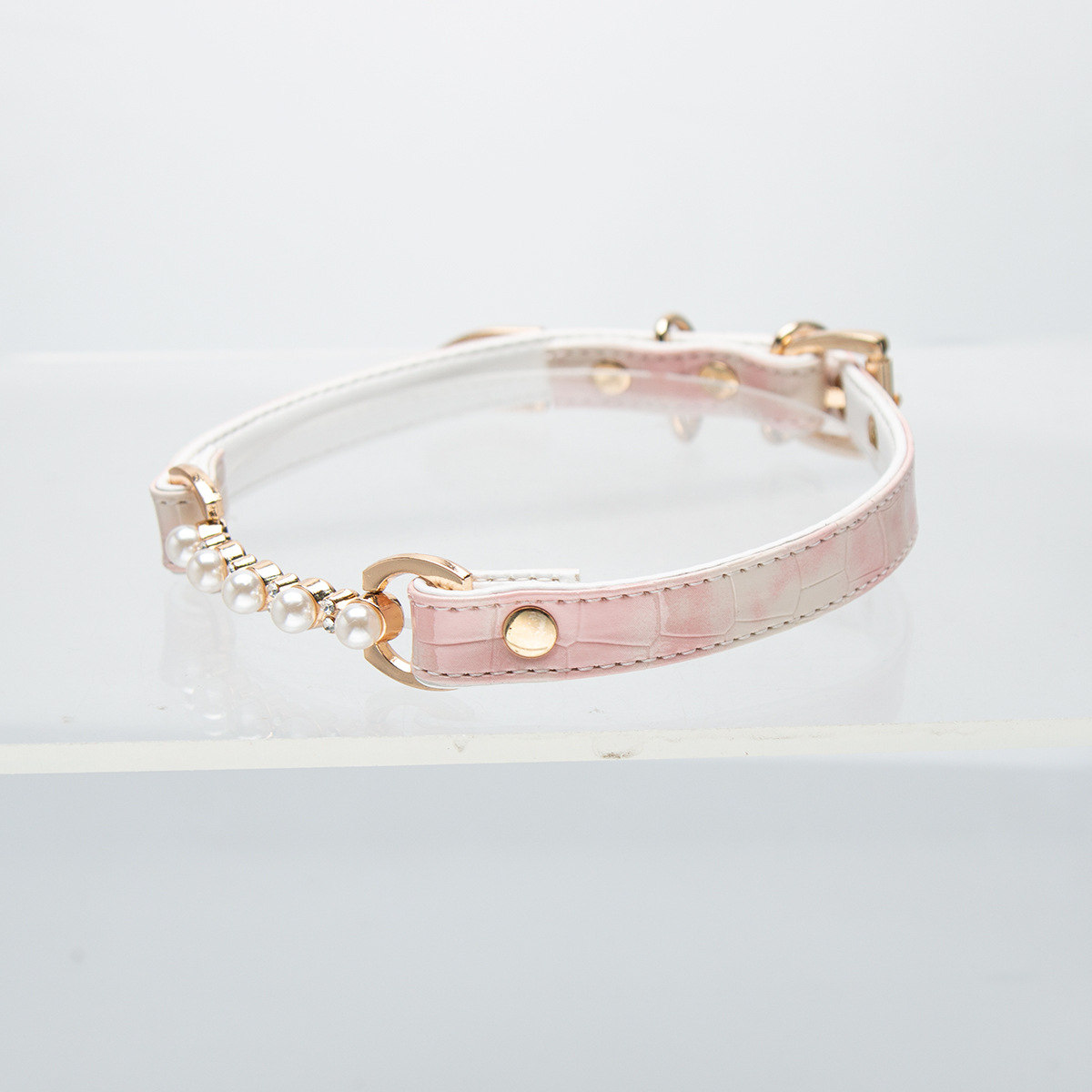 Pink Crocodile Leather Pearl Necklace with Leash - Unique Designer Pet Accessory - Image 4