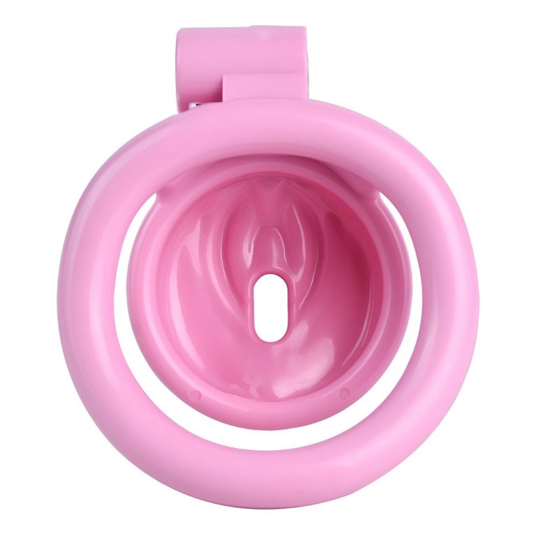 TS transvestite uses imitation female genital chastity lock
