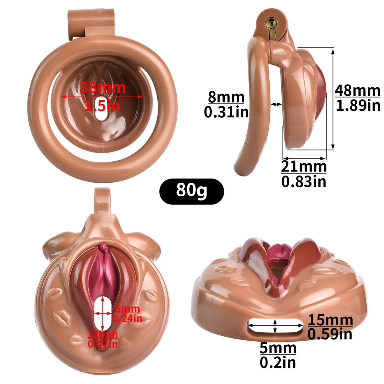 TS transvestite uses imitation female genital chastity lock