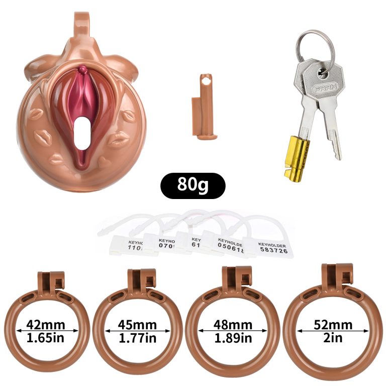 TS transvestite uses imitation female genital chastity lock
