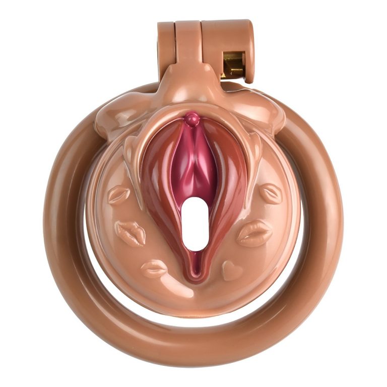 TS transvestite uses imitation female genital chastity lock
