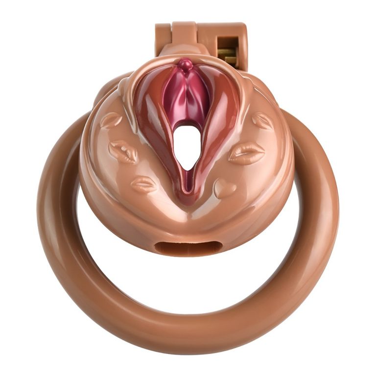 TS transvestite uses imitation female genital chastity lock
