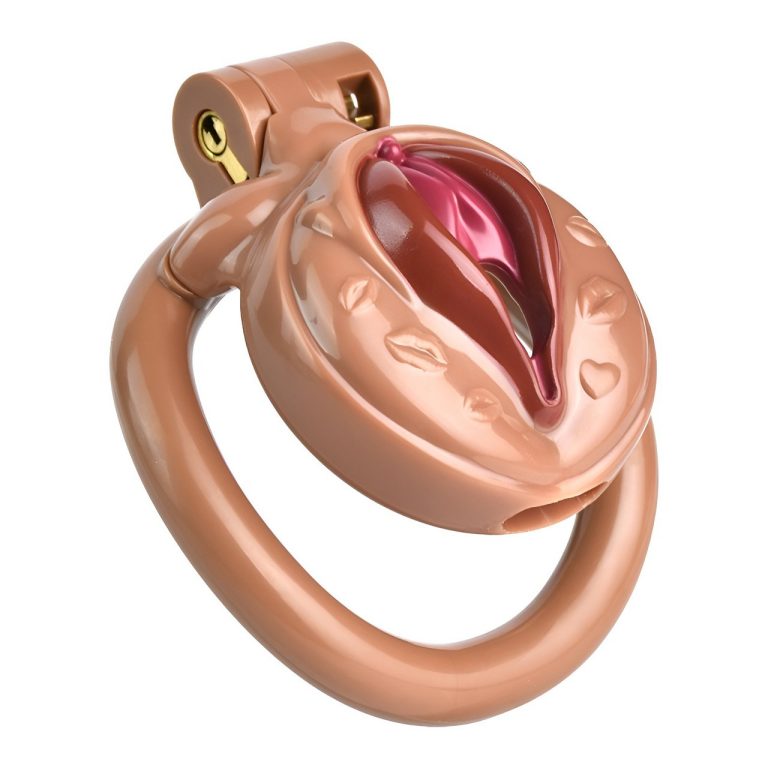 TS transvestite uses imitation female genital chastity lock