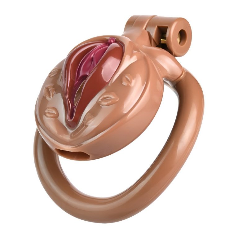 TS transvestite uses imitation female genital chastity lock