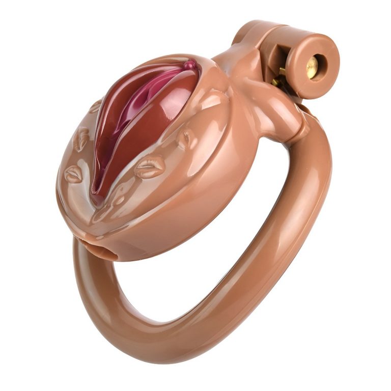TS transvestite uses imitation female genital chastity lock