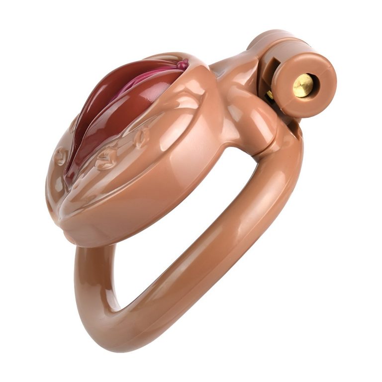 TS transvestite uses imitation female genital chastity lock