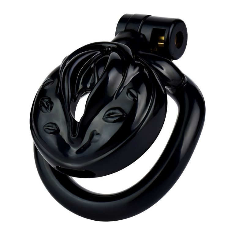 TS transvestite uses imitation female genital chastity lock