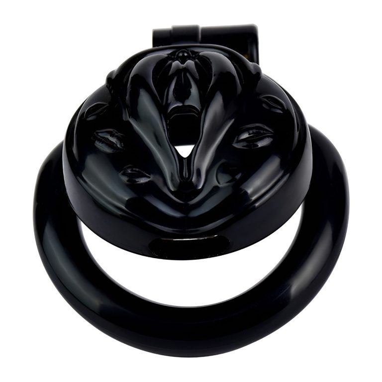 TS transvestite uses imitation female genital chastity lock