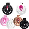 TS transvestite uses imitation female genital chastity lock