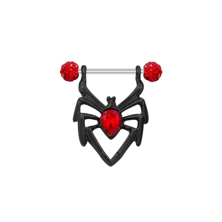 Red rhinestone edging dark spider pierced nipple ring jewelry