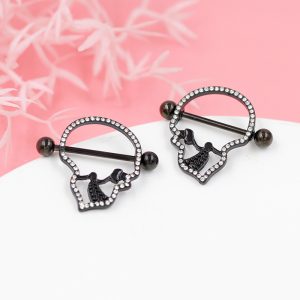 Diamond-studded hollow skull pierced nipple ring jewelry