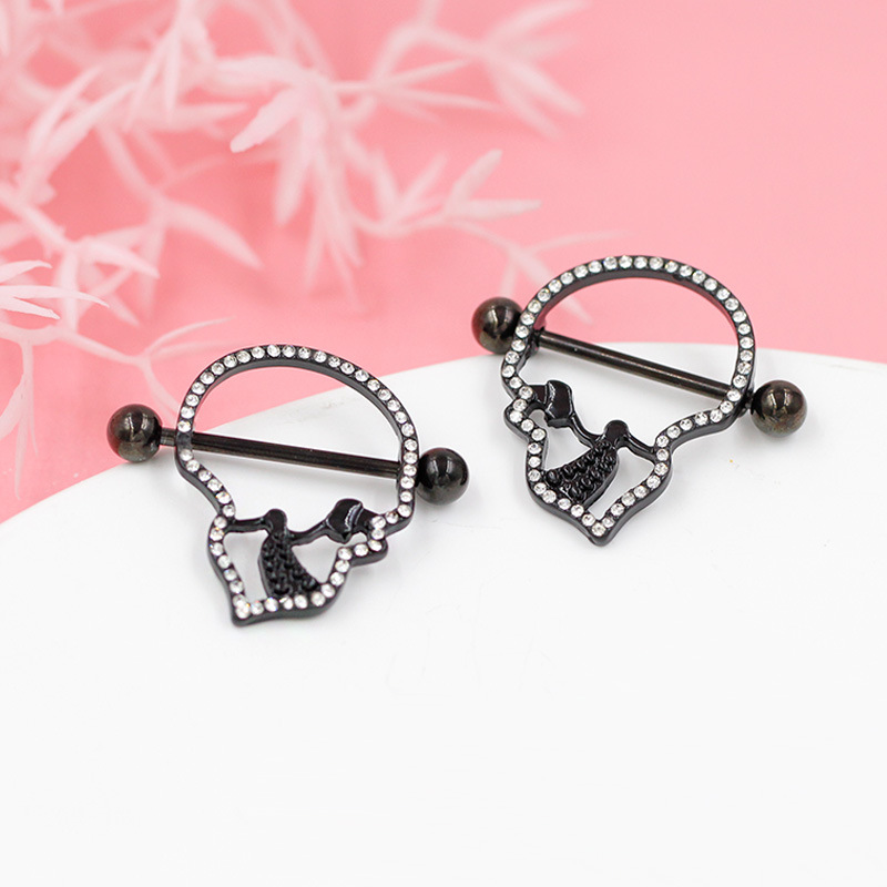 Diamond-studded hollow skull pierced nipple ring jewelry