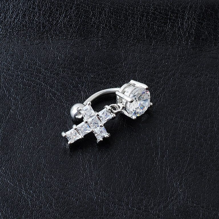 new European and American fashion is hanging upside down zircon umbilical nail cross pendant stainless steel umbilical buckle - Image 4