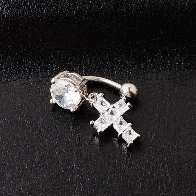 new European and American fashion is hanging upside down zircon umbilical nail cross pendant stainless steel umbilical buckle - Image 5