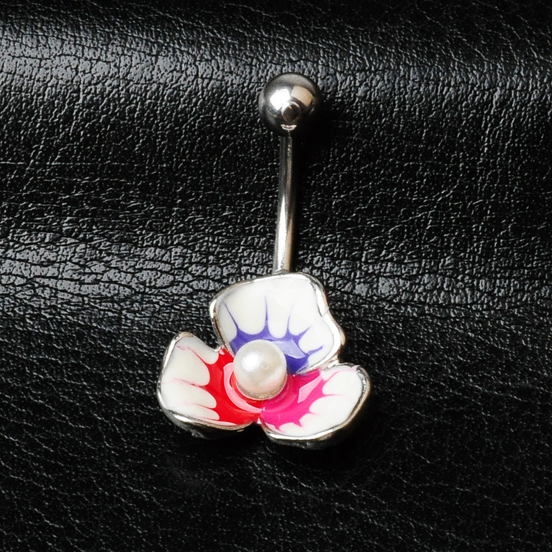 Hot-selling Piercing Jewelry Gold Plated Pearl Rose Petal Drop Oil-drawing Short Navel Ring Navel - Image 3