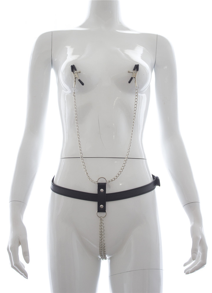 Leather adult products iron chain leather pants, couple toys nipple clamps, women's clothing Sex toys and performance costumes