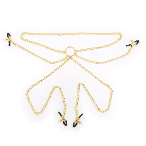 Golden Nipple Clamps with Iron Chains & Rings - Adult Novelty Play Set