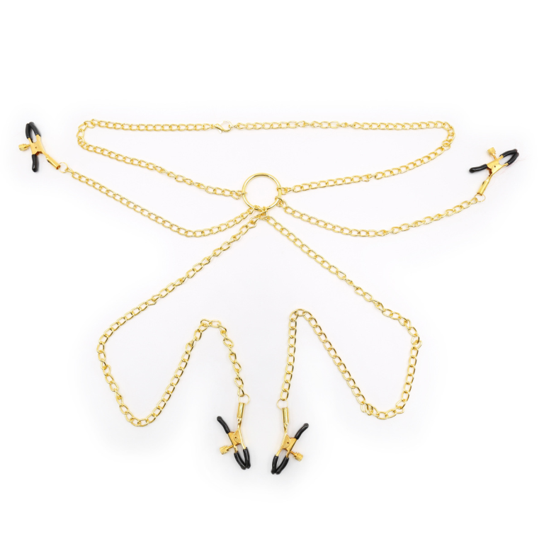 Sex toys, golden nipple clamps, iron chains, female multi-iron chain rings, rubber caps, nipple couple nightclub toys