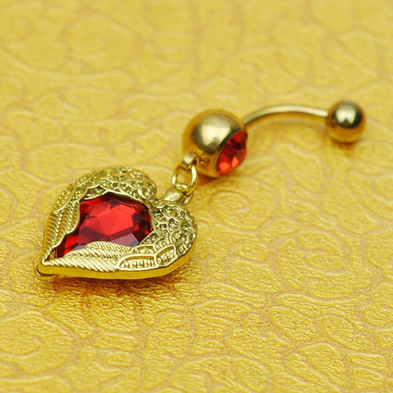 peach heart-shaped inlaid zirconium angel wings navel ring navel nail red stone European and American best-selling site supply