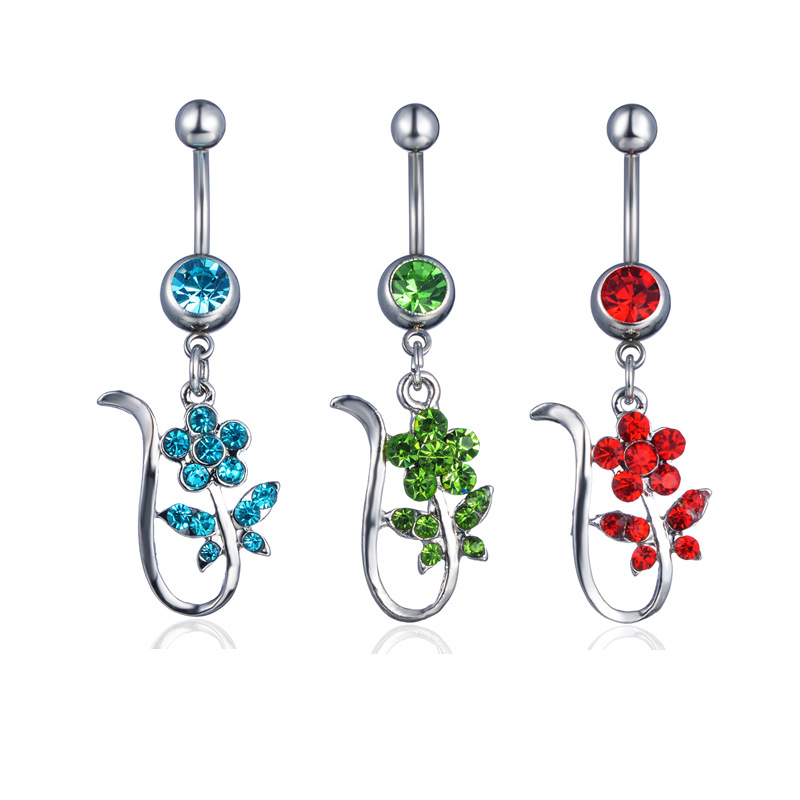 New Korean style puncture jewelry flower leaves European and American diamond-embedded navel ring supply