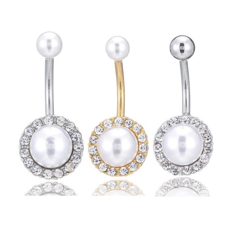 European and American  body piercing belly dance jewelry inlaid pearl navel ring round diamond navel nail  straight
