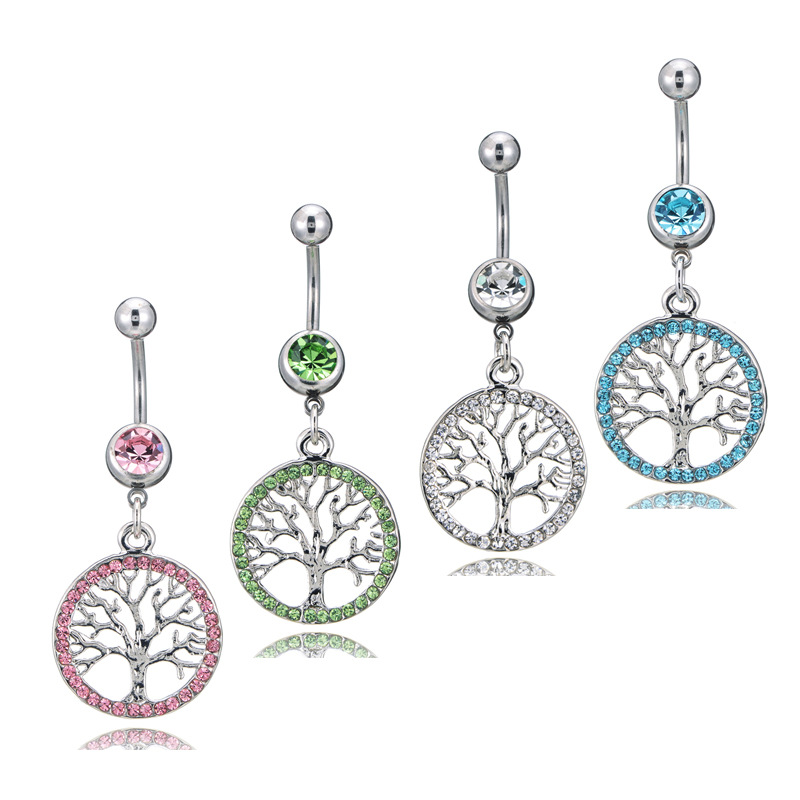 Europe and the United States hot new diamond-encrusted happy lucky tree belly button ring medical steel belly button nail