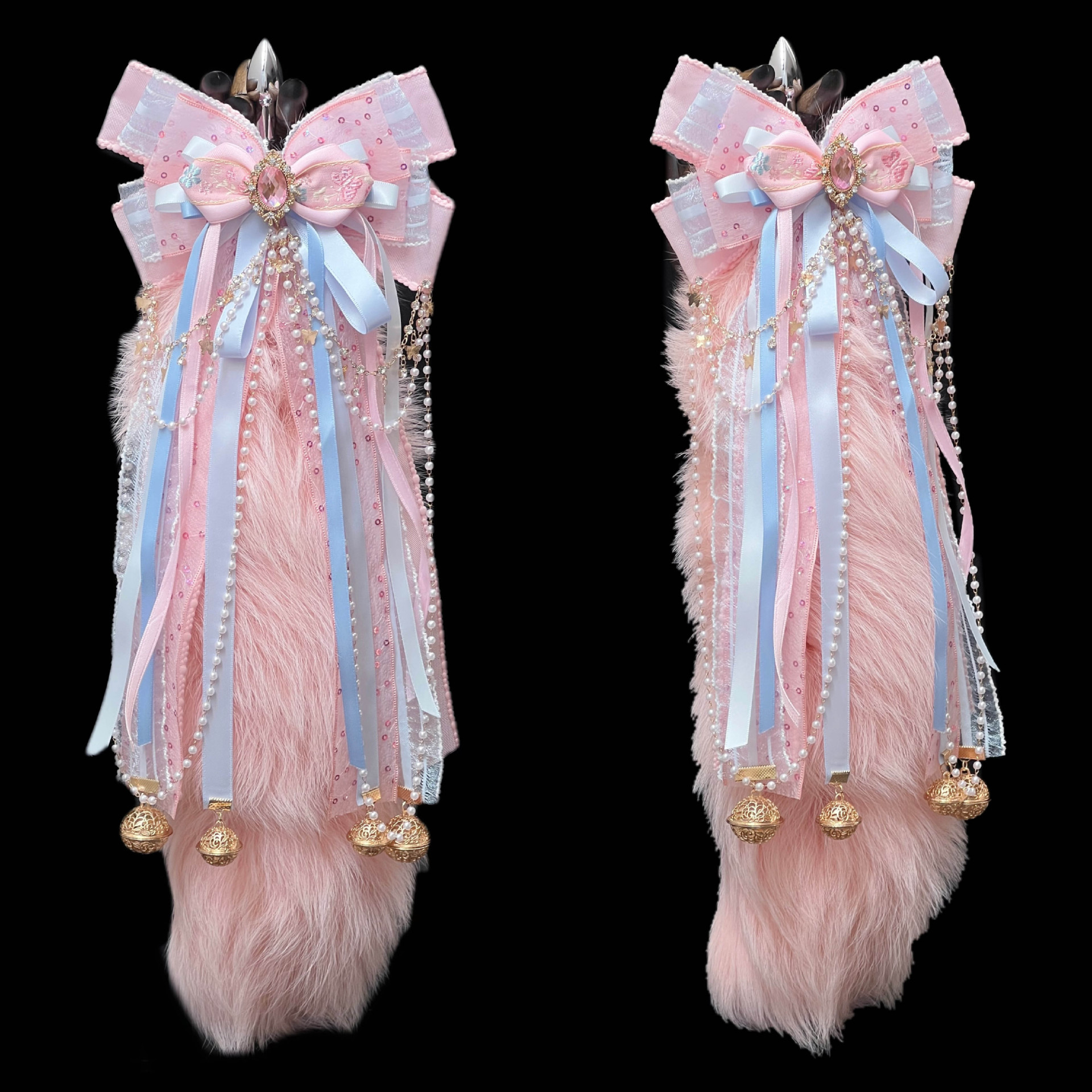 Original Hand-made Guofeng Bow Palace Bell 40CM Pink Fox Real Hair Tail SM Sexy Anal Plug Removable