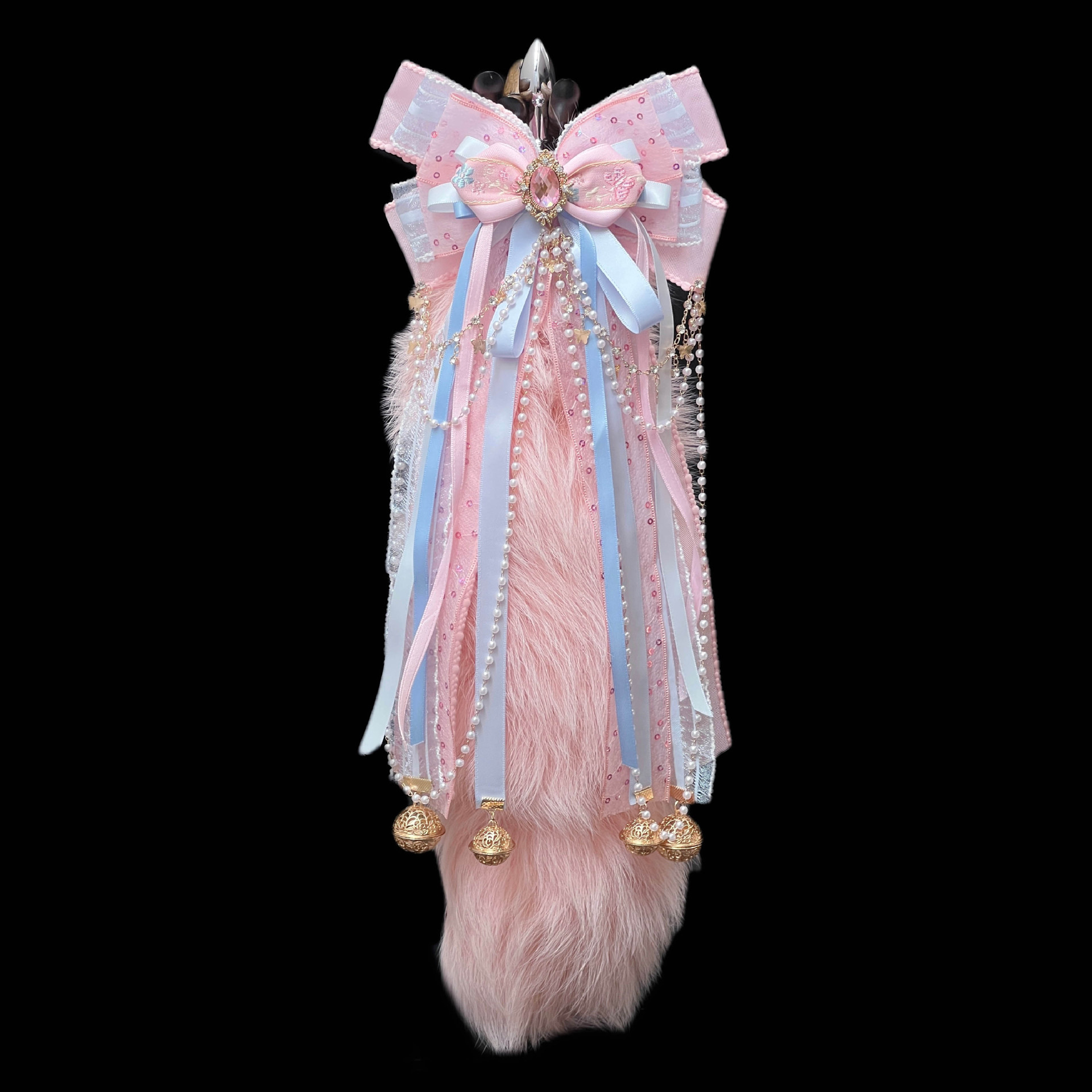 Original Hand-made Guofeng Bow Palace Bell 40CM Pink Fox Real Hair Tail SM Sexy Anal Plug Removable - Image 6