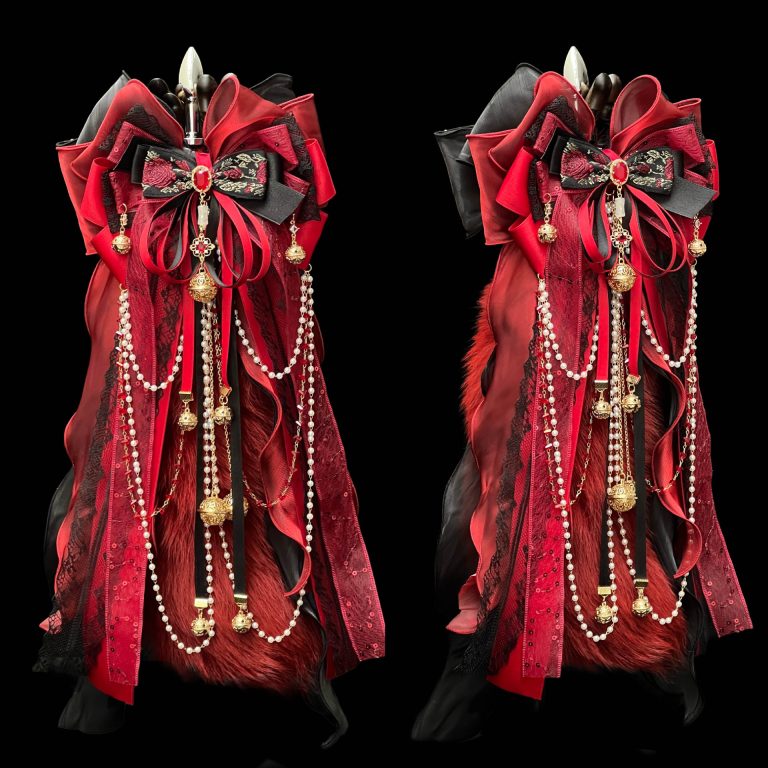 Drunk red dust bow bell rings 40CM black red fox real fur tail butt plug SM sex toys