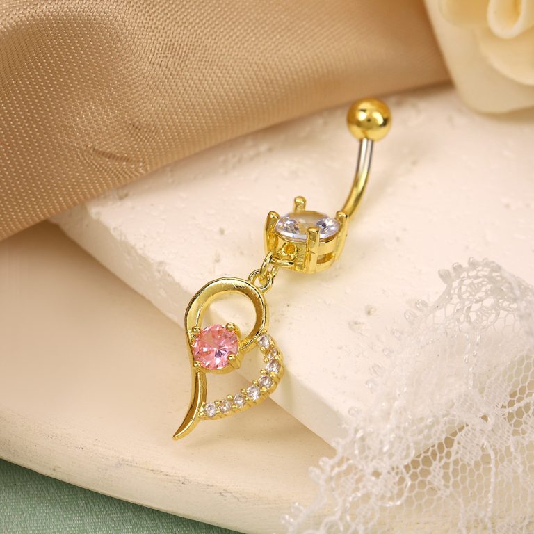 Factory Direct supply retro colored diamond navel buckle creative personality copper zircon love heart-shaped design electroplating Diamond-embedded navel nail - Image 3