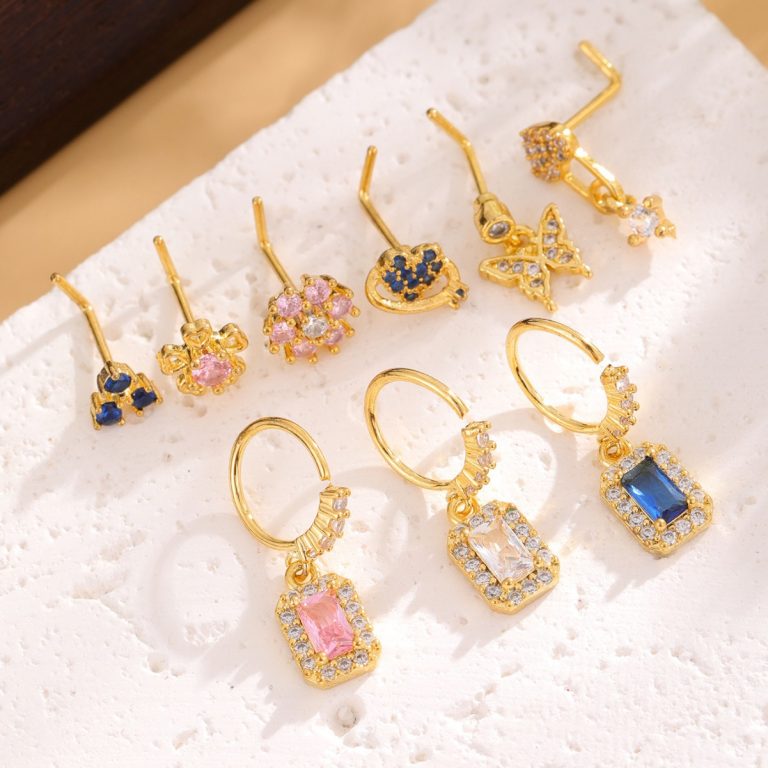 Cross-border fashion hot copper plated real gold inlaid zircon butterfly love nose nail nose ring puncture jewelry manufacturers direct supply - Image 3