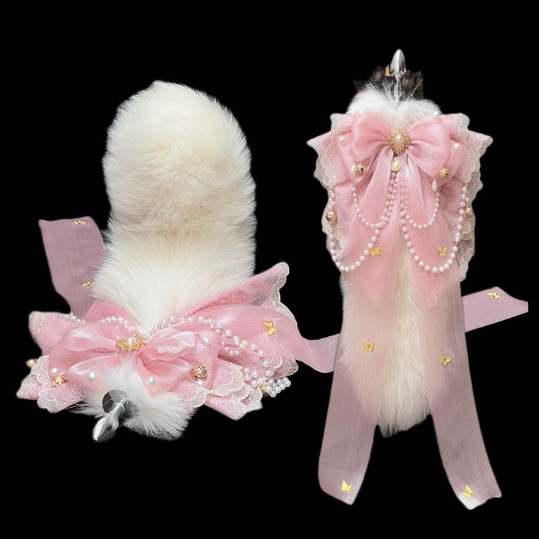 Original concave shape 40CM fox real hair tail anal plug pink bow retro copper bell SM sex toys