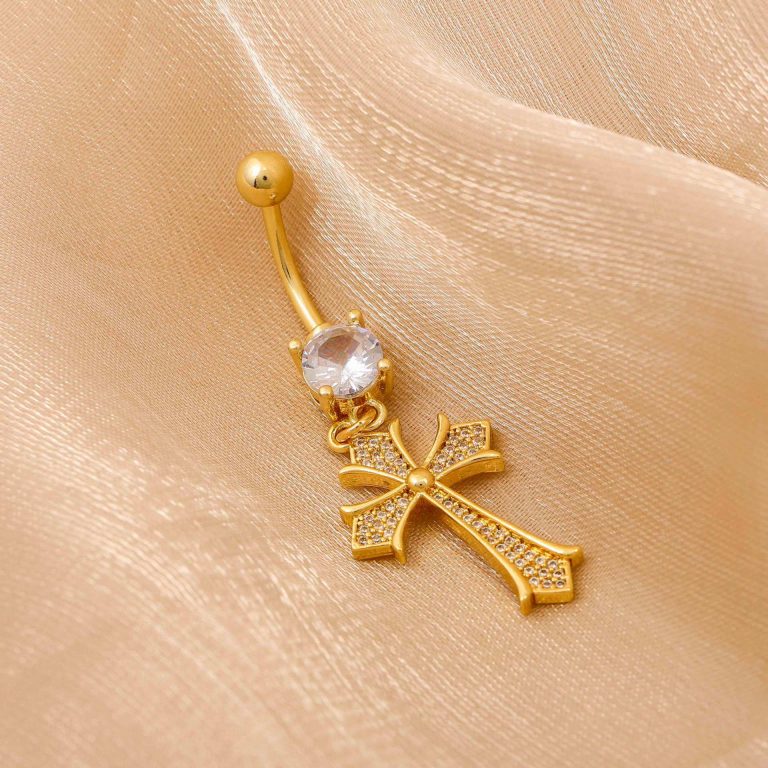 Cross-border European and American retro cross navel buckle creative high-grade personality copper zircon Diamond-embedded navel nail female wholesale - Image 3