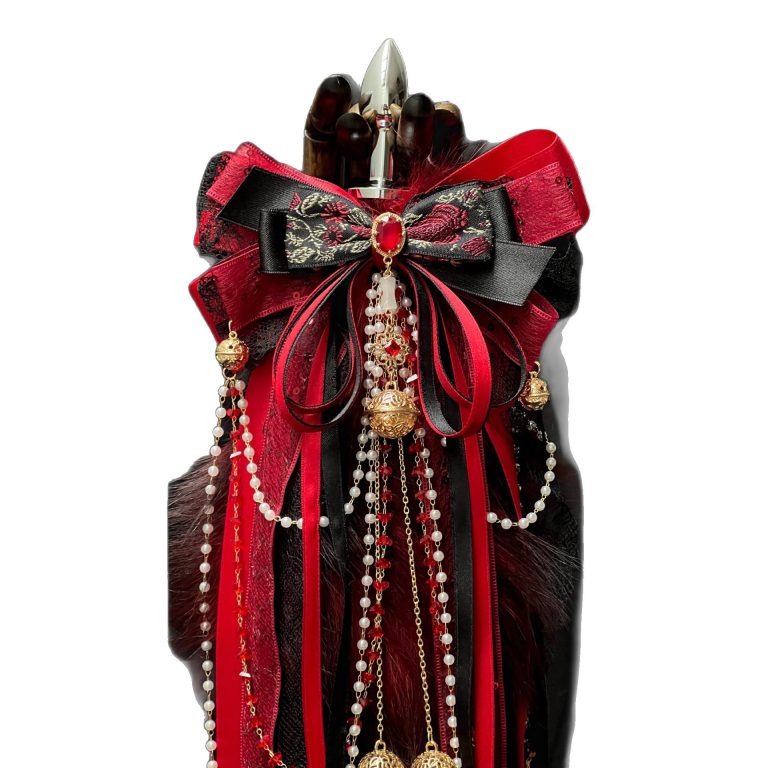 Drunk red dust bow bell rings 40CM black red fox real fur tail butt plug SM sex toys - Image 5