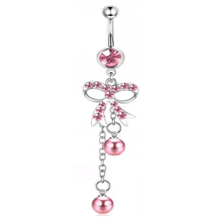 Puncture jewelry diamond-embedded love bow pink sweet series set butterfly navel ring love navel nail - Image 5